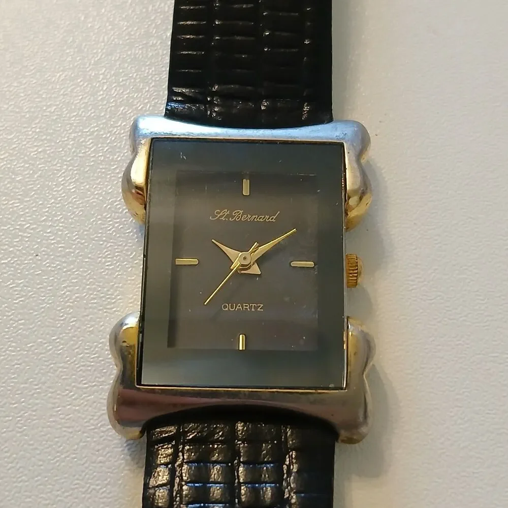 VTG 90s St. Bernard Women Quartz Watch Black Dial Gold Tone Accent 19.6mm